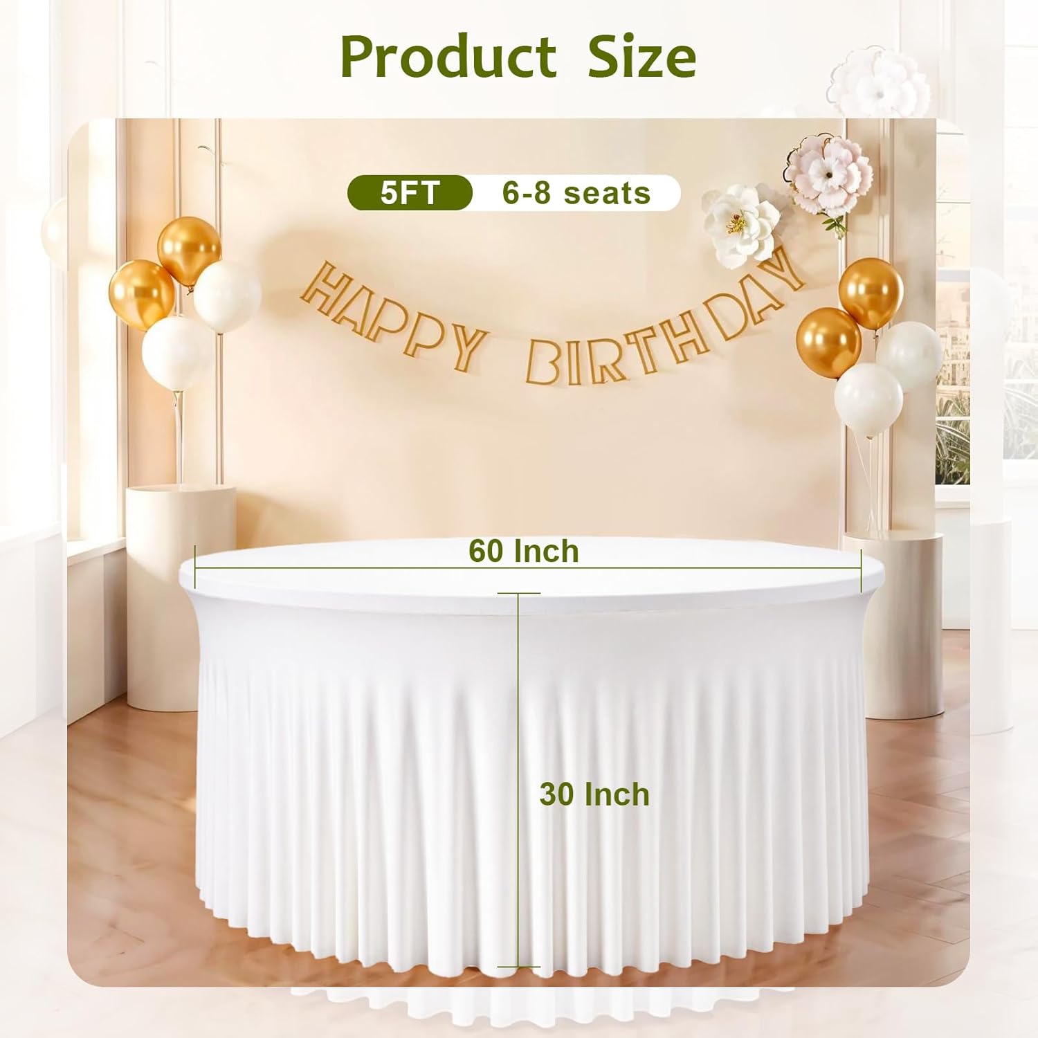 60 Inch White Round Spandex Tablecloth for 5FT Round Table – Stretch Fitted Table Cover with Elastic Edge, Wrinkle Free & Washable Reusable for Wedding, Banquet, Party, Buffet & Events